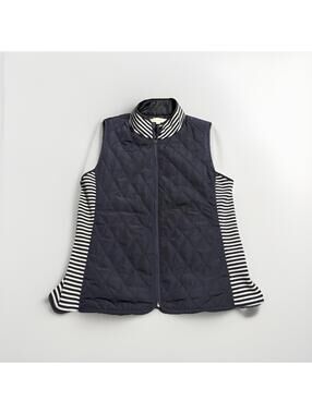 Women's TALBOTS Navy Blue Quilted Vest Jacket Striped Sides Sz Medium (A10)